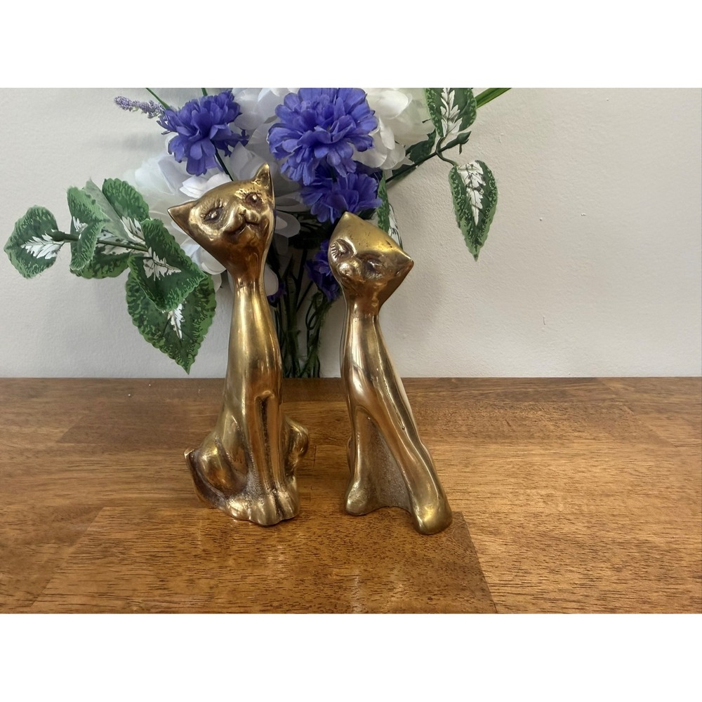 Vintage Solid Brass Cat Figurine Pair Mid Century Abstract Sculptures MCM Decor